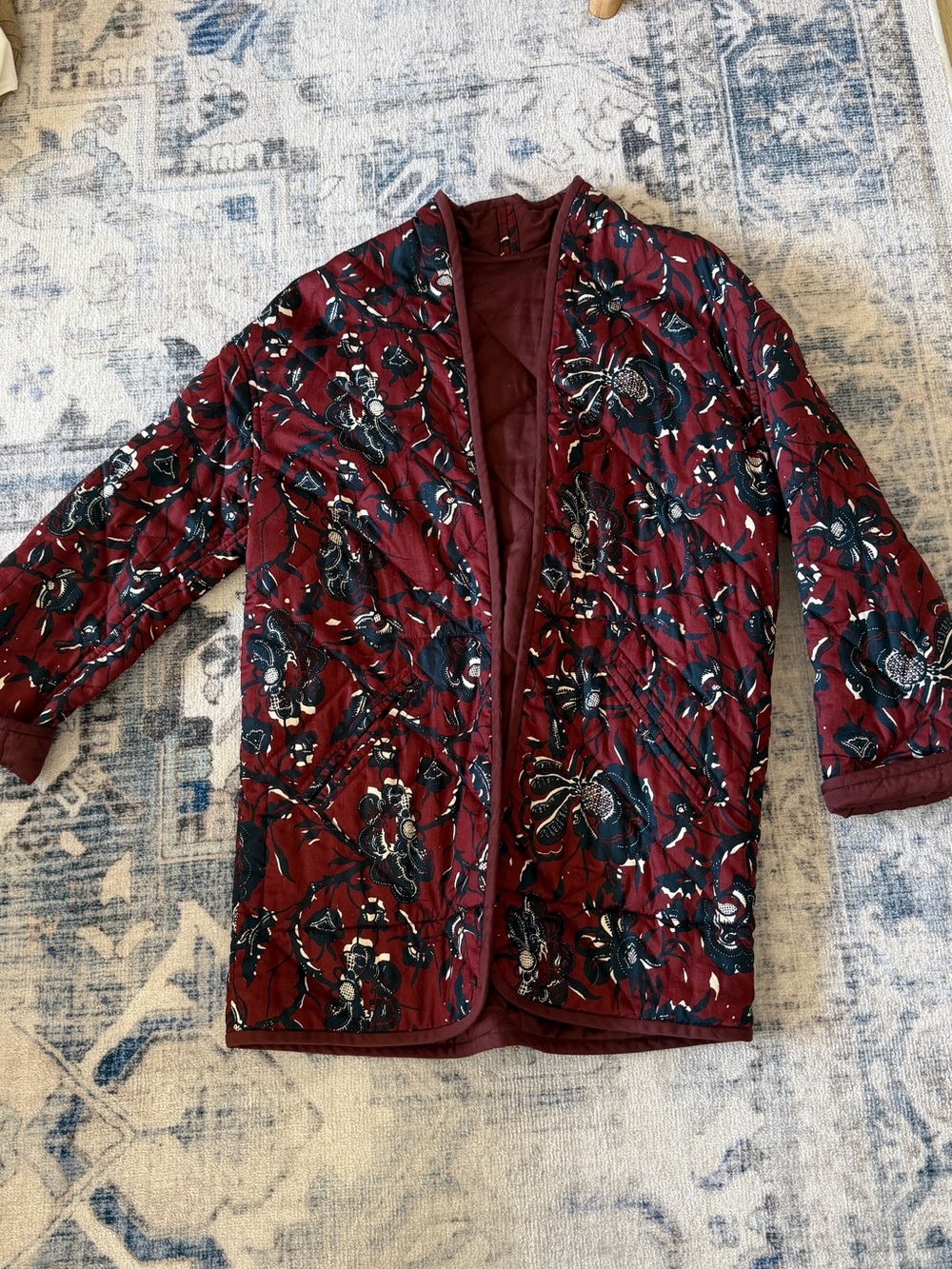 Isabel Marant Quilted Floral Longline Jacket in Burgundy and Black